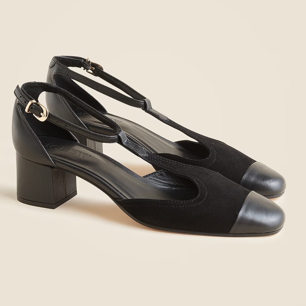 J.Crew Mollie T-strap cutout heels in black suede and leather NEW Women’s Sz 7